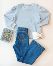 Load image into Gallery viewer, Cassidy Comfy Crewneck Puff Sleeve - Beale Street Blue w/ White Bow