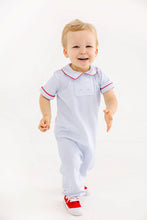 Load image into Gallery viewer, Benny Button Romper - Beale Street Blue Stripe w/ Richmond Red