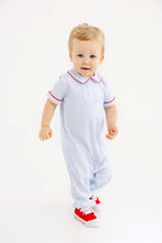 Load image into Gallery viewer, Benny Button Romper - Beale Street Blue Stripe w/ Richmond Red