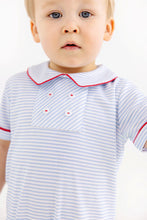 Load image into Gallery viewer, Benny Button Romper - Beale Street Blue Stripe w/ Richmond Red