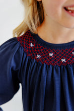 Load image into Gallery viewer, Bettye Bow Smocked Top - Nantucket Navy w/ Richmond Red and White - Pima