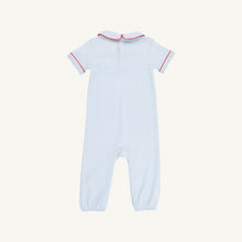 Load image into Gallery viewer, Benny Button Romper - Beale Street Blue Stripe w/ Richmond Red