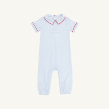Load image into Gallery viewer, Benny Button Romper - Beale Street Blue Stripe w/ Richmond Red