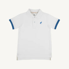 Load image into Gallery viewer, Prim & Proper Polo - Worth Ave White w/ Wood Boat Blue Stork & Cuffs
