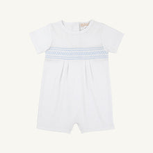 Load image into Gallery viewer, Sebastian Smocked Romper - Worth Ave White w/ Beale Street Blue & Sarasota Sky Smocking
