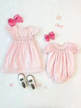 Load image into Gallery viewer, Short Sleeve Bridget Bubble - Palm Beach Pink Swiss Dot - Rosebud Embroidery
