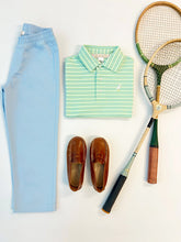 Load image into Gallery viewer, Prim &amp; Proper Polo - Sumner County Stripe - Grace Bay Green w/ Blue and White
