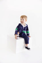 Load image into Gallery viewer, Sir Proper's Rugby Romper - Nantucket Navy w/ Beale Blue &amp; Kelly Green Stripe
