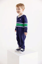 Load image into Gallery viewer, Sir Proper's Rugby Romper - Nantucket Navy w/ Beale Blue &amp; Kelly Green Stripe
