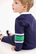 Load image into Gallery viewer, Sir Proper's Rugby Romper - Nantucket Navy w/ Beale Blue &amp; Kelly Green Stripe
