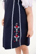 Load image into Gallery viewer, Donna Dress - Nantucket Navy w/ Beale Street Blue - Apple/Floral Embroidery
