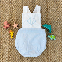 Load image into Gallery viewer, Sayre Sunsuit - Breakers Blue Seersucker

