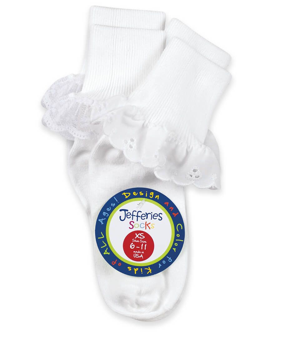 Jefferies Eyelet & Lace Cuff Socks - 2-pack - White