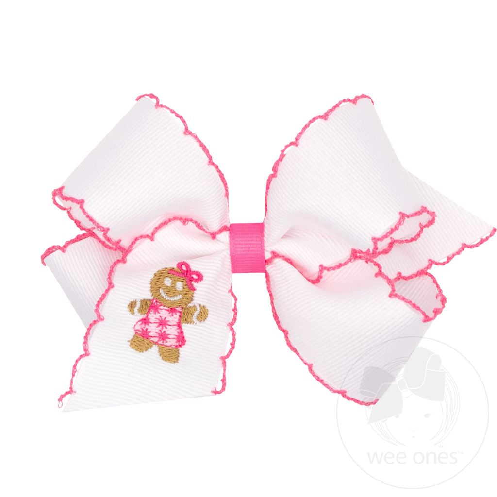 Wee Ones Medium Moonstitch Bow - Gingerbread Girl - Pink and White