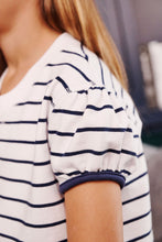 Load image into Gallery viewer, Cassidy Comfy Crewneck - White w/ Nantucket Navy Stripe - Short Puff Sleeve
