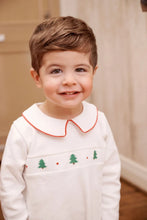 Load image into Gallery viewer, Samuel Smocked Romper - White w/ Richmond Red - Christmas Trees

