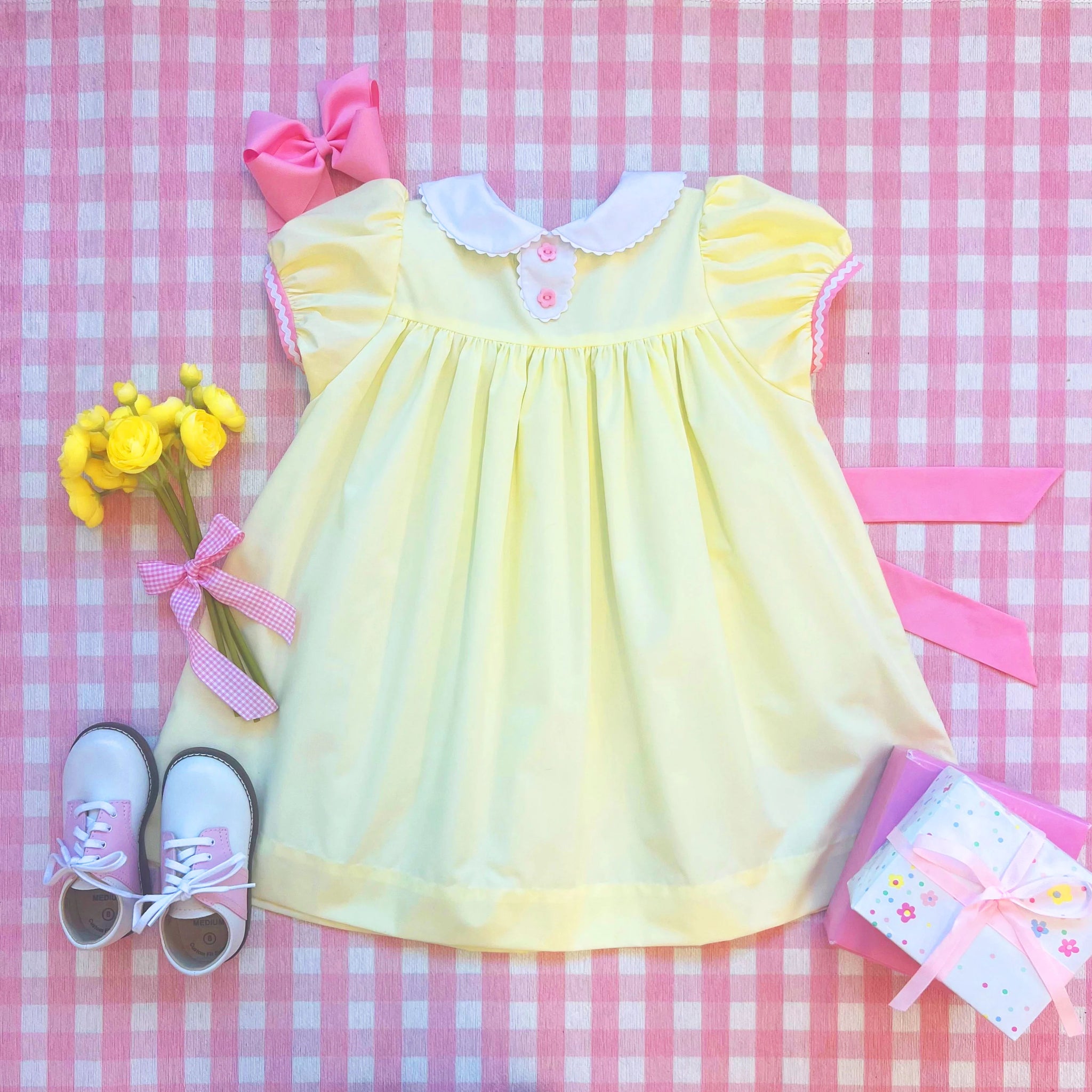 butter yellow and pink dress Mixed Media Mini Dress-Butter Yellow XS