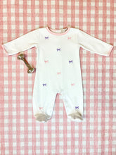 Load image into Gallery viewer, Rock Me Romper - Worth Ave White w/ Pink and Purple Bows Embroidery
