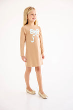 Load image into Gallery viewer, Eliza's Appliqué Dress - Cape Elizabeth Camel w/ Blue Bow
