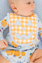 Load image into Gallery viewer, Burp Me Bib - Seashore Sherbet Gingham w/ Beale Street Blue - Jack O Lantern
