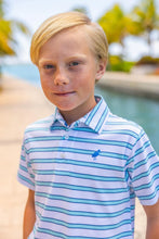 Load image into Gallery viewer, Prim &amp; Proper Polo - Worth Ave White &amp; Belhaven Blue Stripes w/ Wood Boat Blue
