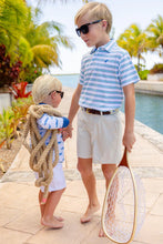 Load image into Gallery viewer, Prim &amp; Proper Polo - Worth Ave White &amp; Belhaven Blue Stripes w/ Wood Boat Blue
