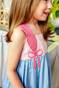 Demi Dress - Sarasota Sky w/ Sandpearl Pink - Bow Appliqué - Broadcloth