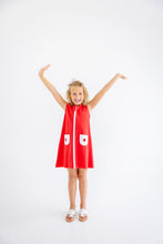 Load image into Gallery viewer, Peggy's Pocket Dress - Richmond Red w/ White - Strawberries
