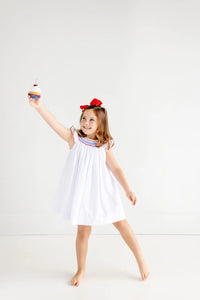 Sandy Smocked Dress - Worth Ave White w/ Richmond Red & Rockefeller Royal - Angel Sleeve