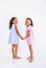 Load image into Gallery viewer, Lizzie's Luxe Leisure Dress - Beale Street Blue w/ Palm Beach Pink Ribbon
