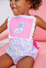 Load image into Gallery viewer, Sally Sunsuit - Briar Patch Petals w/ Hamptons Hot Pink - Dog Appliqué
