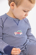 Load image into Gallery viewer, Cassidy Comfy Crewneck Romper - Nantucket Navy Stripe w/ Woody Truck
