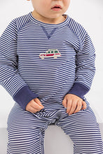 Load image into Gallery viewer, Cassidy Comfy Crewneck Romper - Nantucket Navy Stripe w/ Woody Truck
