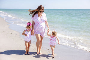 Long Bay Bathing Suit - Bamboo Proverbs (Pink) w/ Hamptons Hot Pink
