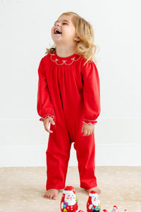 Bridget Romper - Richmond Red w/ White Smocking - Long Sleeve