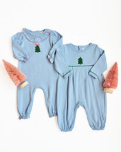 Load image into Gallery viewer, Bradford Romper - Barrington Blue w/ Kelly Green - Christmas Tree Embroidery - Long Sleeve
