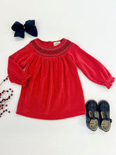 Load image into Gallery viewer, Sandy Smocked Dress - Richmond Red w/ White and Navy Smocking - Velour
