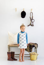 Load image into Gallery viewer, Annie Apron Dress - Highland Horses w/ Barnsley Blue Gingham
