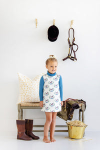 Annie Apron Dress - Highland Horses w/ Barnsley Blue Gingham