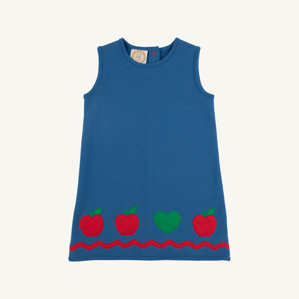 Annie Apron Dress - Wood Boat Blue w/ Red - Apples Appliqué