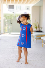 Load image into Gallery viewer, Annie Apron Dress - Rockefeller Royal w/ Richmond Red - Stars
