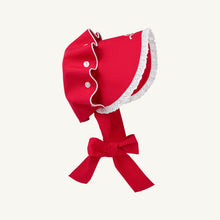 Load image into Gallery viewer, Bellefaire Bonnet - Richmond Red w/ White Bow Embroidery - Broadcloth - Eyelet
