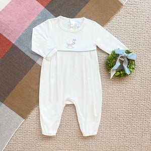 Bradford Romper - Palmetto Pearl w/ Barrington Blue - Rocking Horse Embroidery - Long Sleeve