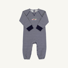 Load image into Gallery viewer, Cassidy Comfy Crewneck Romper - Nantucket Navy Stripe w/ Woody Truck
