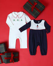 Load image into Gallery viewer, Samuel Smocked Romper - White w/ Richmond Red - Christmas Trees
