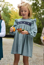 Load image into Gallery viewer, Daphne Dress - Grier Green Herringbone w/ Nantucket Navy Smocking - Long Sleeve
