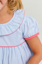 Load image into Gallery viewer, Ramona Ruffle Dress - Barrington Blue Mini Windowpane w/ Parrot Cay Coral
