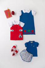 Load image into Gallery viewer, Annie Apron Dress - Wood Boat Blue w/ Red - Apples Appliqué
