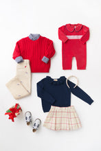 Load image into Gallery viewer, Samuel Smocked Romper - Richmond Red w/ White and Navy Smocking - Velour
