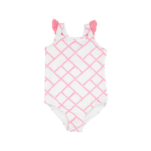 Long Bay Bathing Suit - Bamboo Proverbs (Pink) w/ Hamptons Hot Pink